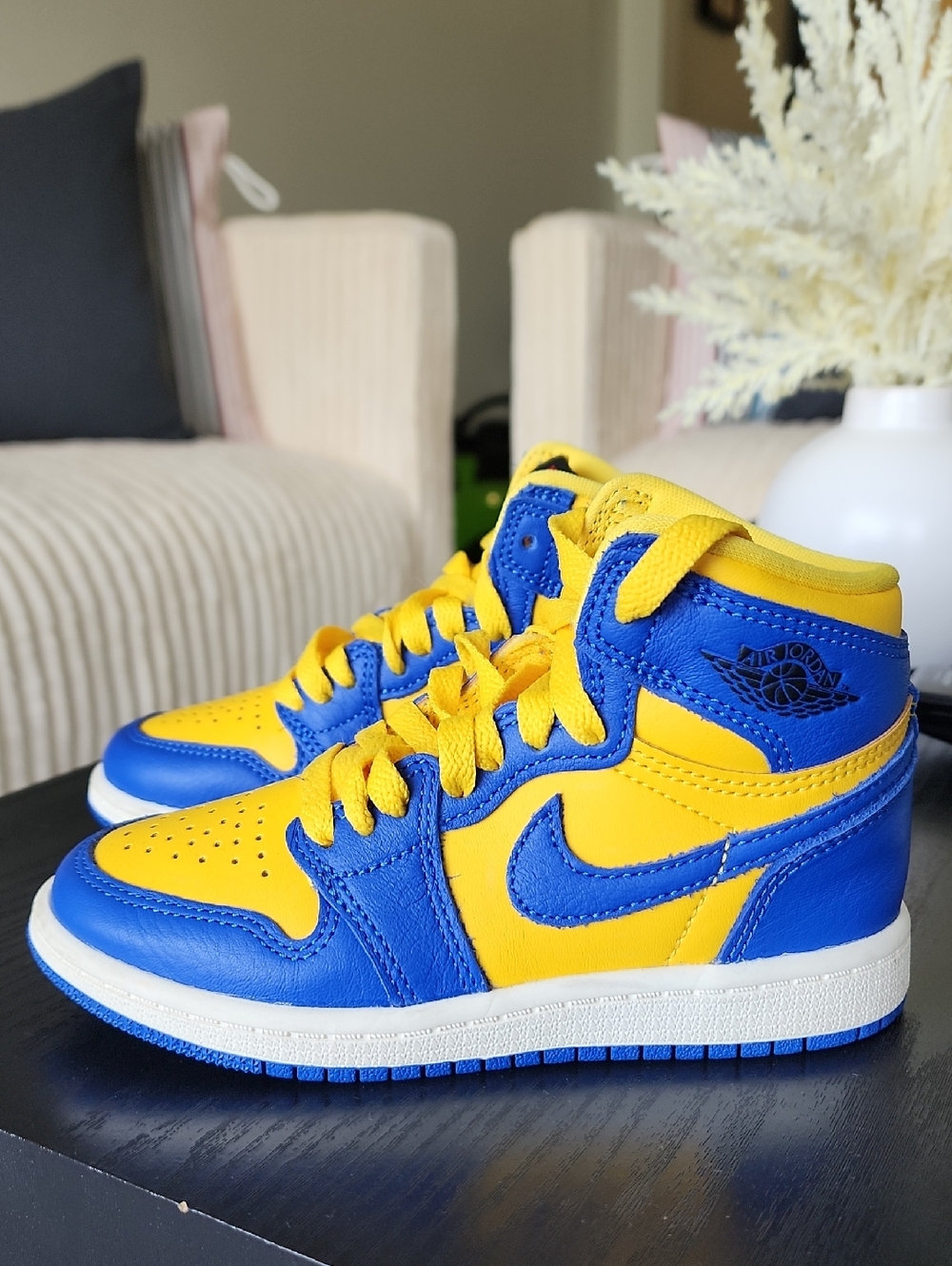 Jordan Kids Blue and Yellow High-Top Sneakers